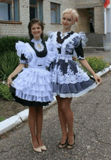 two girls are posing for a picture and one is wearing a maid outfit