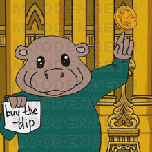 a cartoon of a hippo holding a gold coin and a sign that says " buy the dip "