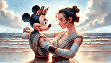 a painting of minnie mouse and rey dancing on the beach