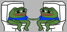 two green frogs sitting on a toilet shaking hands