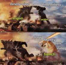 a picture of two monsters fighting each other with the words ninety-nine arabic and four twenty ten french