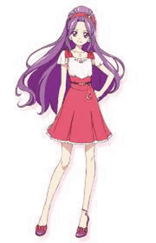 a girl with purple hair is standing with her hands on her hips in a pink dress .