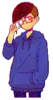 a drawing of a boy wearing glasses and a blue sweatshirt