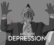 a drawing of a man in a suit and helmet with the words absolute depression behind him