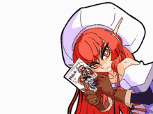 a cartoon of a girl with red hair holding a comic book with the word buy above her