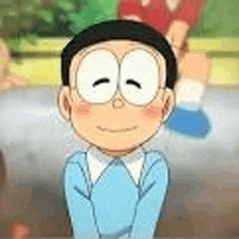 a cartoon boy wearing glasses and a blue shirt is smiling while sitting on a bench .