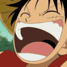 a close up of a cartoon character laughing with his mouth open and his eyes closed .