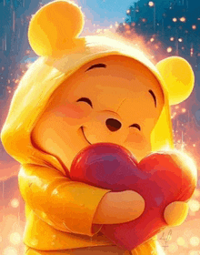 winnie the pooh is wearing a yellow raincoat and holding a red heart in his hands .