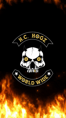 a logo for h.c. hogz world wide with a skull on a black background