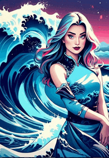 a woman in a blue dress is surrounded by waves