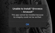 a message that says unable to install " @vvveco - arceusx "