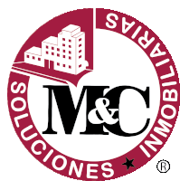 a logo for m & c inmobiliarias with a building in the middle