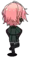 a cartoon of a girl with pink hair and glasses standing with her hands behind her back .