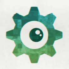 a green gear with a white eye in the center