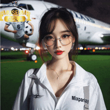 a woman wearing glasses is standing in front of an airplane that says museum bola on it