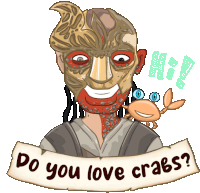 a cartoon drawing of a man with a crab and a banner that says do you love crabs