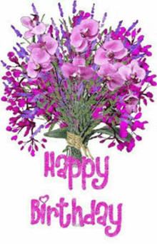 a birthday card with a bouquet of purple flowers and the words happy birthday .