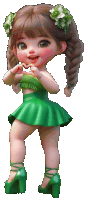 a little girl in a green dress and heels is making a heart with her hands