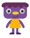 a cartoon character with a purple head and a yellow dress is standing on a white background .