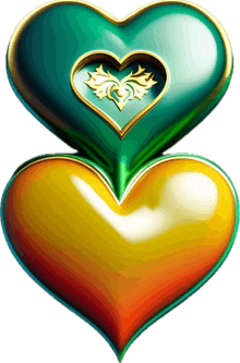 two colorful hearts are stacked on top of each other with a gold heart in the middle