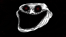 a drawing of a troll face with red eyes and a black background .