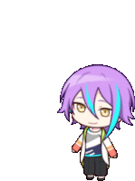 a cartoon character with purple hair and a blue stripe on the side