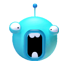 a blue cartoon character with a big mouth and antenna