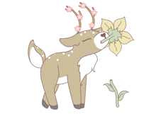 a cartoon drawing of a deer with a flower in its mouth