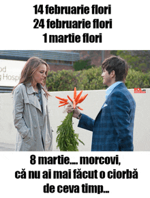 a man giving a bunch of carrots to a woman with the date 14 february 24 february 1 martie flori