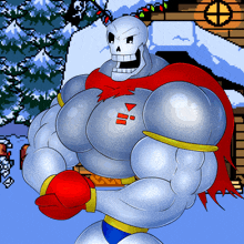 a pixel art drawing of papyrus standing in front of a snowy house