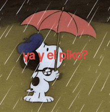 a cartoon of snoopy holding an umbrella in the rain with ya y el piko written in red