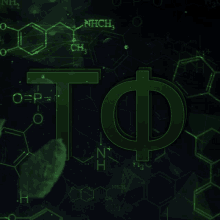 a green t on a black background with chemical formulas in the background