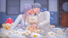 a man and a woman kissing in front of a teddy bear and flowers