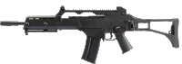 a black assault rifle with a silencer attached