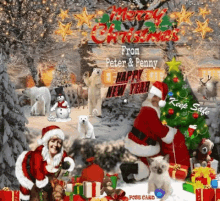 a christmas card from peter and penny with santa and animals