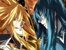 a man with long blonde hair and a woman with blue hair are looking at each other with a galaxy in the background