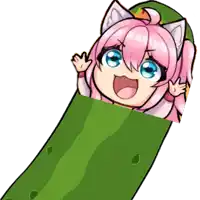 a cartoon girl with pink hair and blue eyes is wrapped in a pickle