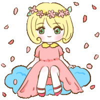 a girl in a pink dress with flowers on her head is sitting on a cloud