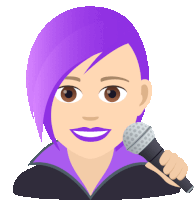 a woman with purple hair is holding a microphone in her hand