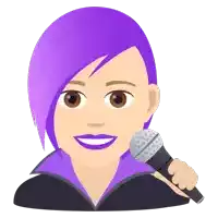 a woman with purple hair is holding a microphone in her hand