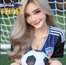 a woman is holding a soccer ball in front of a soccer net