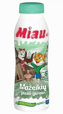 a bottle of miau mazeikių pieno gerimas has a green cap