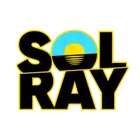 a black and yellow logo for sol ray with a blue sun in the middle