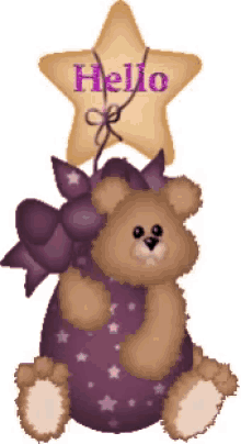 a teddy bear is holding a star with the word hello written on it