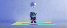 a cartoon wolf is dancing on a rainbow colored floor in front of a disco ball .