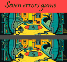 a cartoon of a room with the words seven errors game at the top