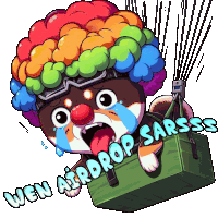 a cartoon of a dog wearing a clown costume with the words wen airdrop sarsss on the bottom