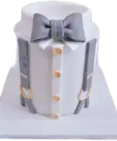 a white cake with a bow tie and suspenders