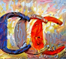 a close up of a painting of a blue and red horseshoe on a yellow background .