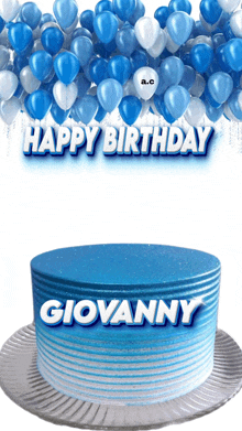 a blue and white birthday cake with the name giovanny on it